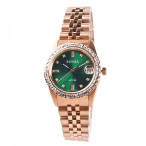 Bonia BNB10553-3597S Full Rosegold Green Dial Ring Diamond Lady